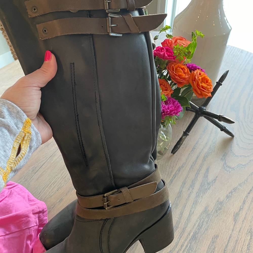 Freebird leather boots, distressed black leather with brown straps
